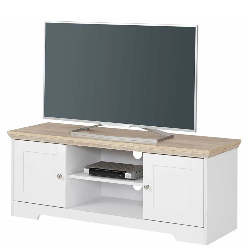 Wohnen 120 cm langes TV Lowboard in Weiß & Eiche - Akedra