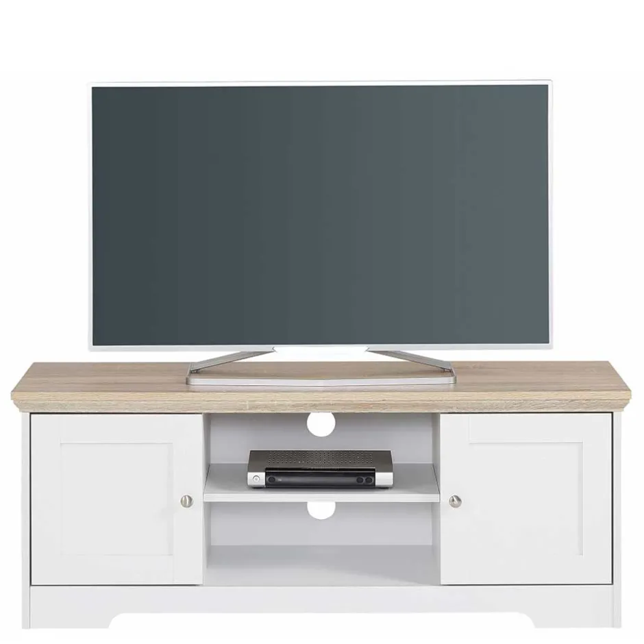 Wohnen 120 cm langes TV Lowboard in Weiß & Eiche - Akedra