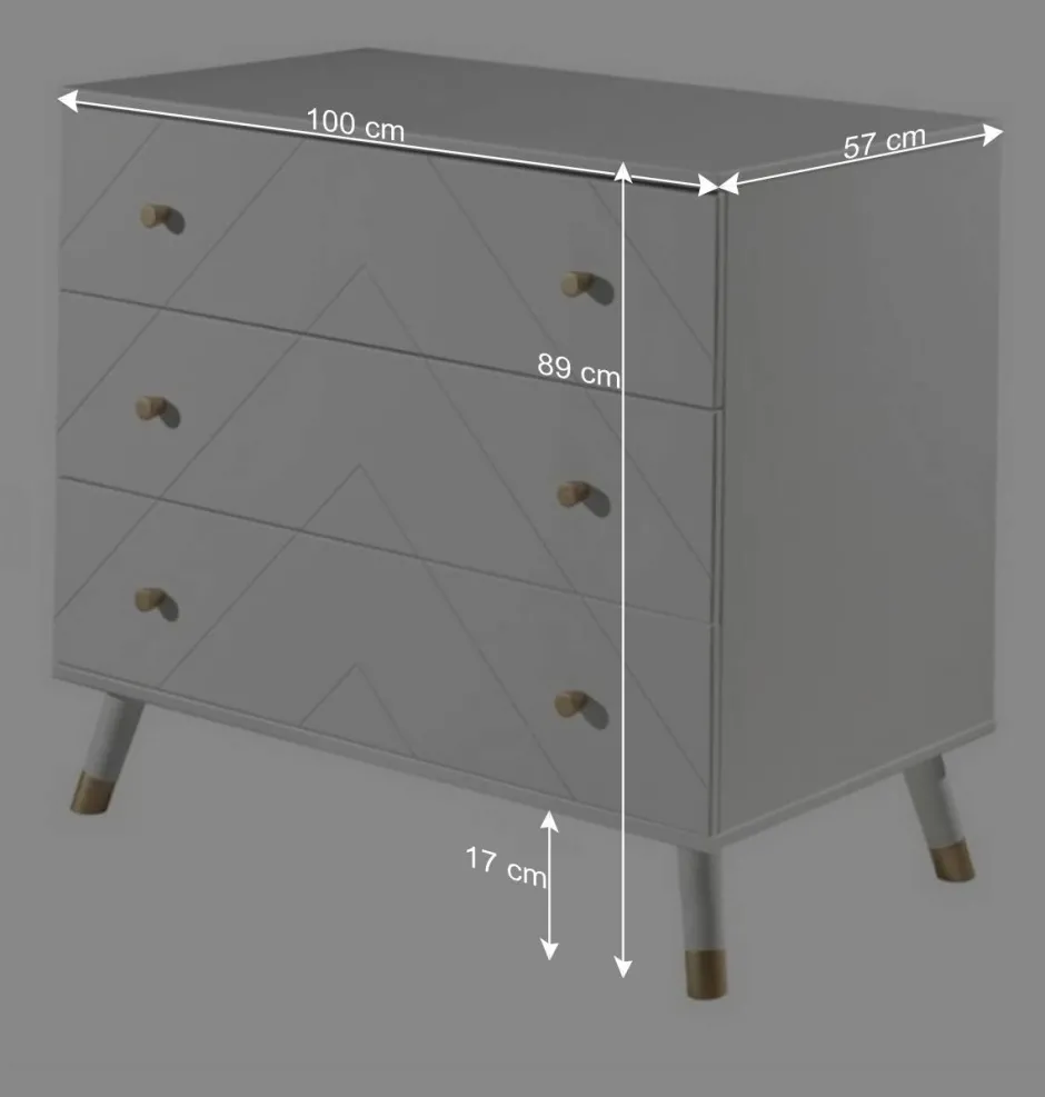 Kinder Wohnen 3 Schubladen Kommode in Weiß & Gold - Zimventa