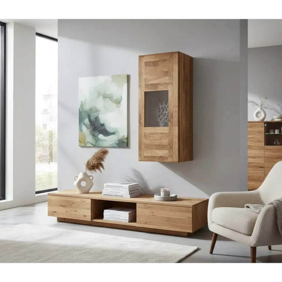 1 türiger Vitrine Vaskov aus Wildeiche Massivholz^Wohnen