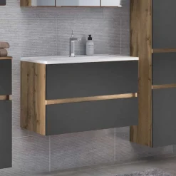 Wohnen Bad Waschtisch mit Becken in Grau & Holz Optik - Athrin