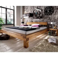 Wohnen Balken-Doppelbett mit Nachttischen im Set Housten aus Wildeiche massiv (dreiteilig)