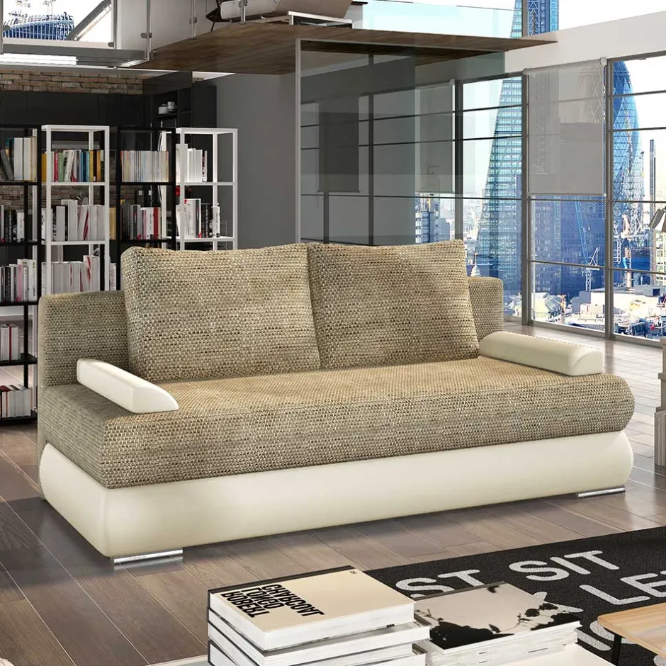 Wohnen Bettcouch in Beigegrau und Creme - Janny