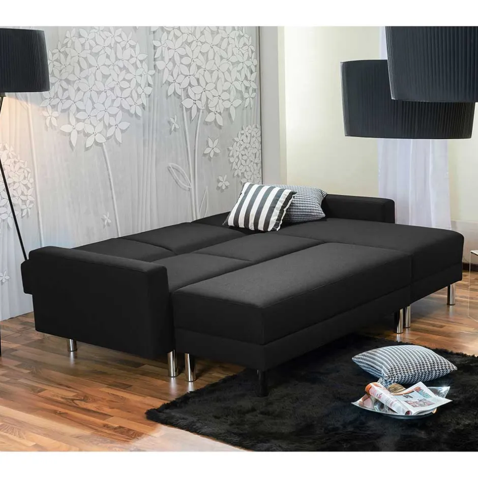 Wohnen Bettsofa mit Hocker in Schwarz mit Chrom - Farella (zweiteilig)