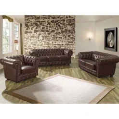 Wohnen Braune Polstergarnitur aus Echtleder - Pluna (dreiteilig)