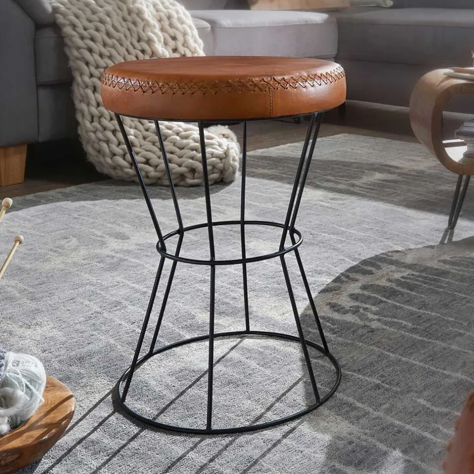 Wohnen Brauner Lederhocker mit rundem Sitz - Cintago