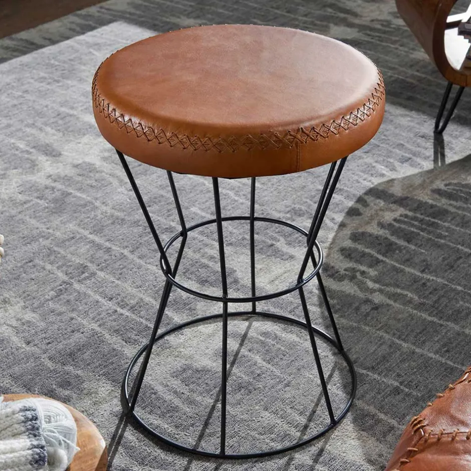 Wohnen Brauner Lederhocker mit rundem Sitz - Cintago