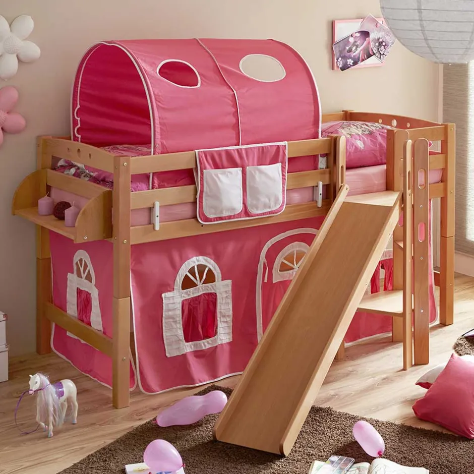Kinder Wohnen Buche Kinder Halbhochbett mit Rutsche Podest - Altair