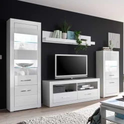 280cm breite Schrankwand in Weiß Hochglanz Yulis optional mit LED (vierteilig)^Wohnen