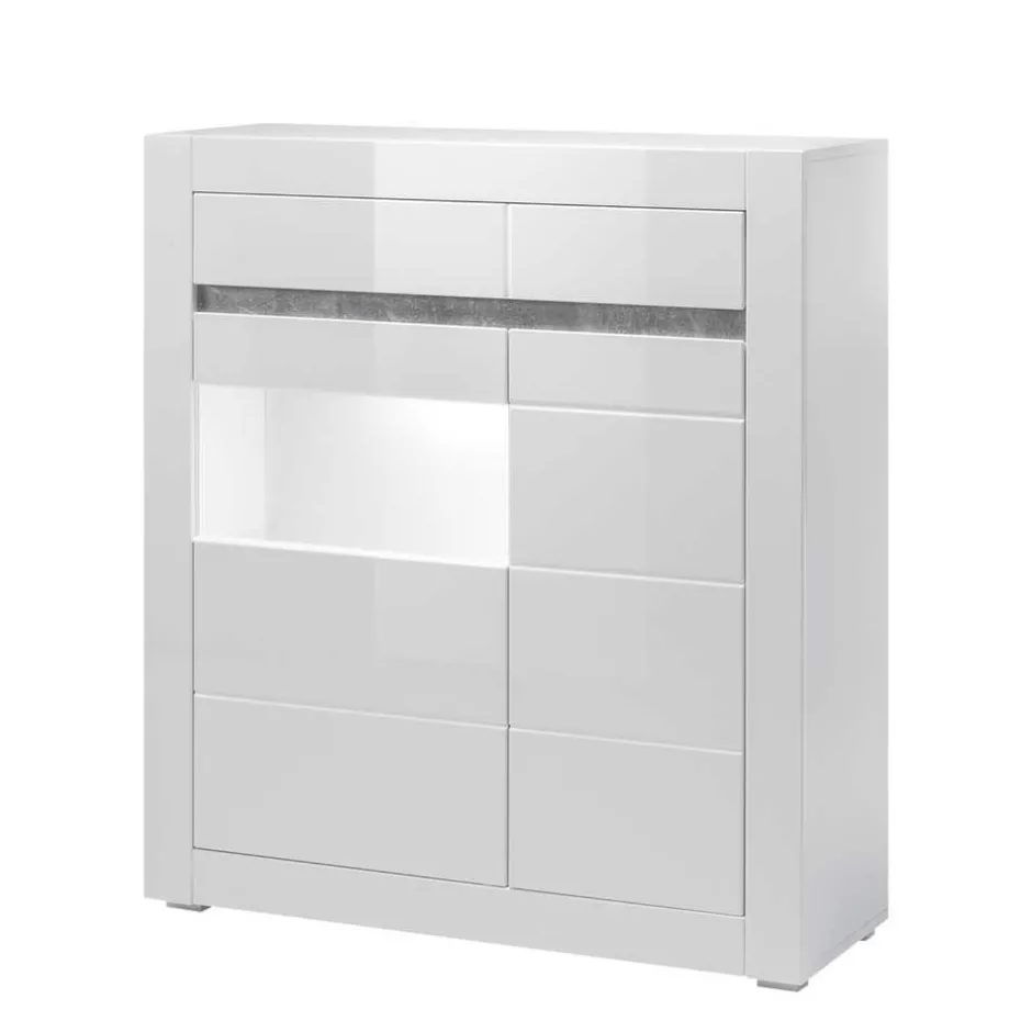 100cm breite Vitrine in Weiß Hochglanz Mextra mit Beton Dekor abgesetzt^Wohnen New