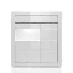 100cm breite Vitrine in Weiß Hochglanz Mextra mit Beton Dekor abgesetzt^Wohnen New