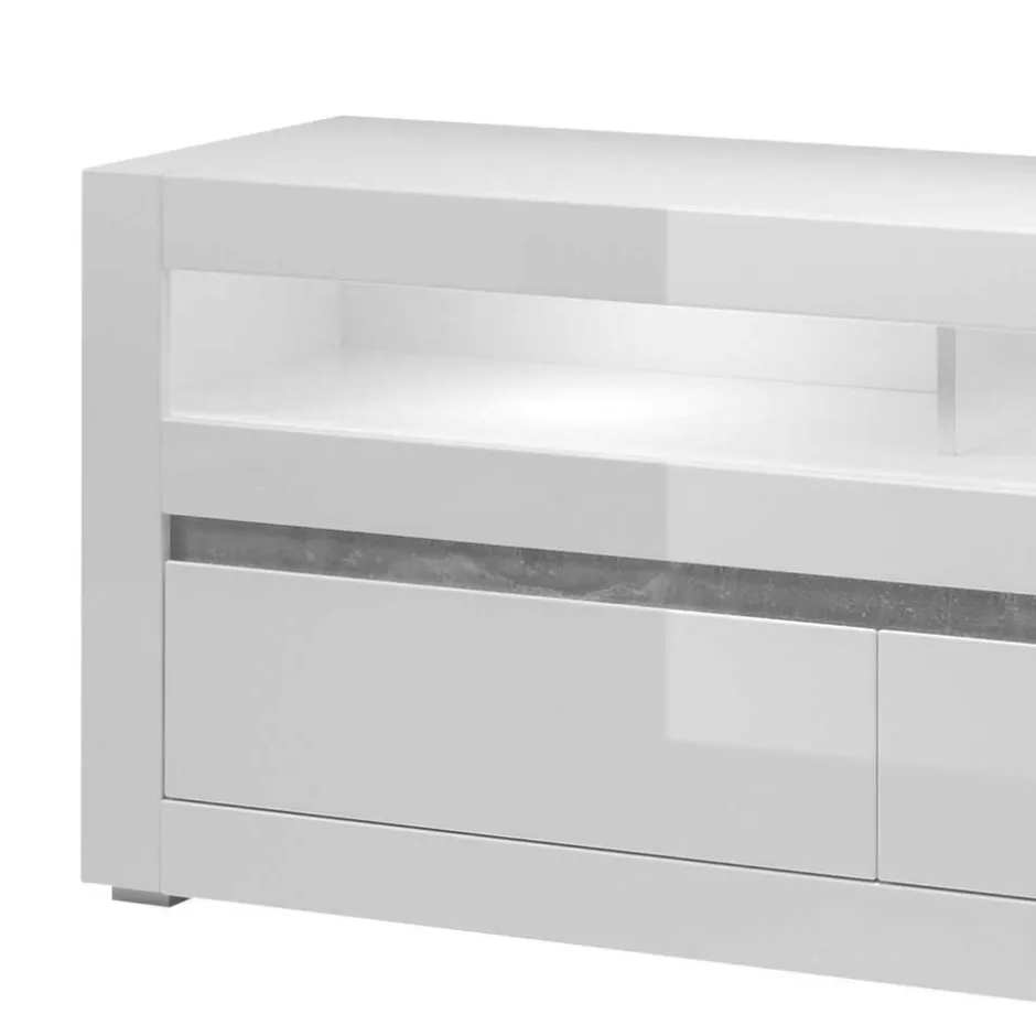 150cm breites TV Board in Hochglanz Weiß Mextra mit Beton Dekor^Wohnen