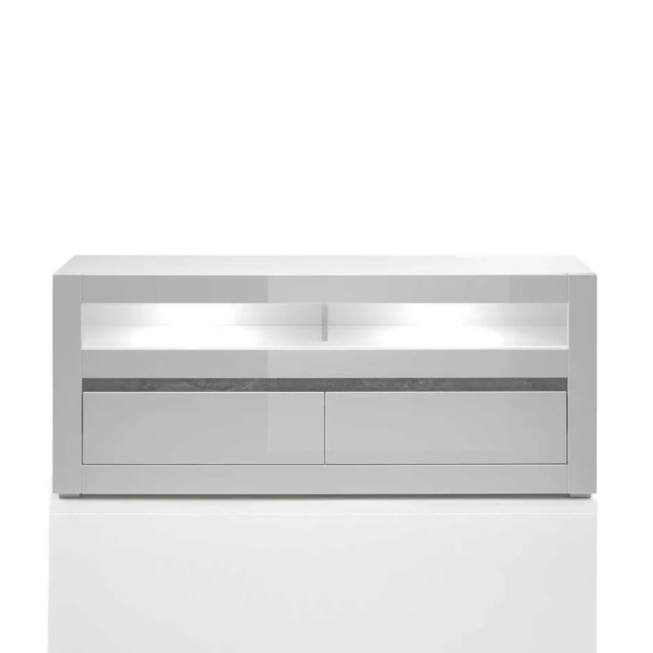 150cm breites TV Board in Hochglanz Weiß Mextra mit Beton Dekor^Wohnen