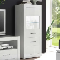 142cm hohe Vitrine in Hochglanz Weiß Yulis 2-türig mit Glaseinsatz^Wohnen Hot