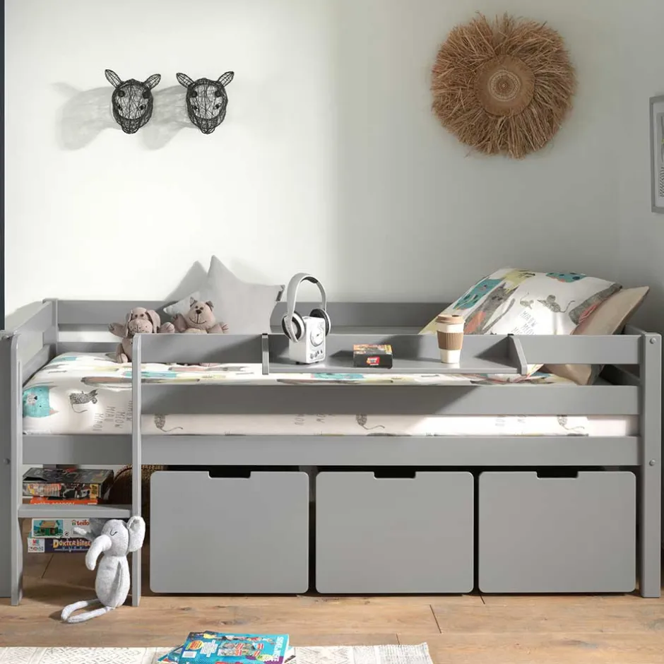 Kinder Wohnen 83cm hohes Kinder Hochbett in Grau lackiert - Quado