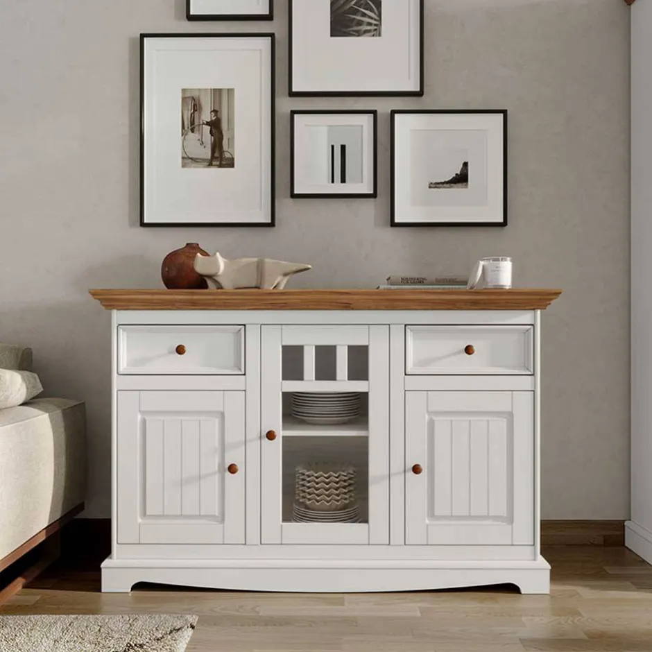 Wohnen 130cm Landhaus-Kommode mit Glaseinsatz - Bordona