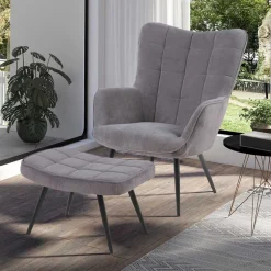 Wohnen Cordsessel und Fußhocker in Grau - Zoryano (zweiteilig)