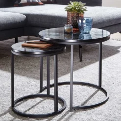 Wohnen Couchtisch Set in Marmoroptik Schwarz - Melks (zweiteilig)