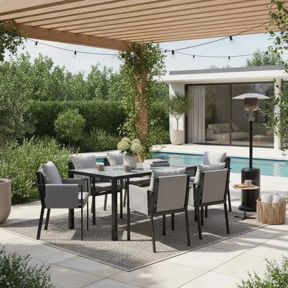 Wohnen Design Garten-Essgruppe in Grau & Schwarz - Geraldine (siebenteilig)