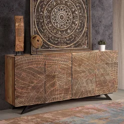 Design Sideboard aus Akazienholz mit Schnitzerei - Merlan^Wohnen Outlet