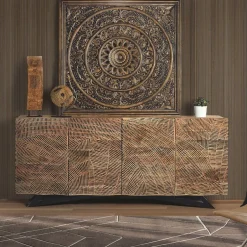 Design Sideboard aus Akazienholz mit Schnitzerei - Merlan^Wohnen Outlet