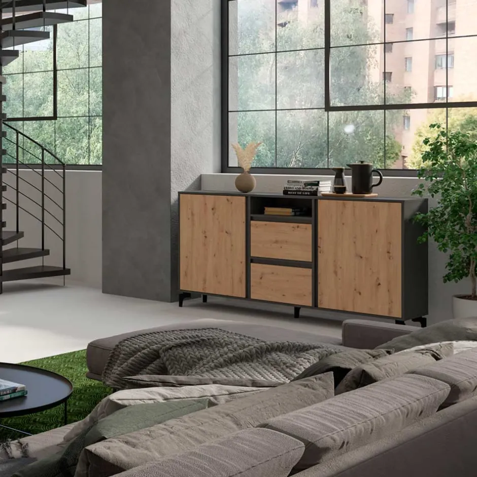 Wohnen Design Sideboard in Wildeiche NB & Anthrazit - Kiss