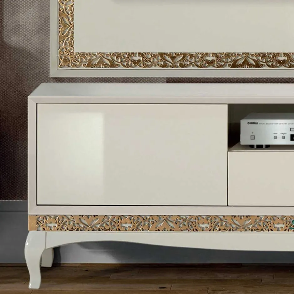 Wohnen Design TV Wand in Weiß & Gold - Valganios (vierteilig)