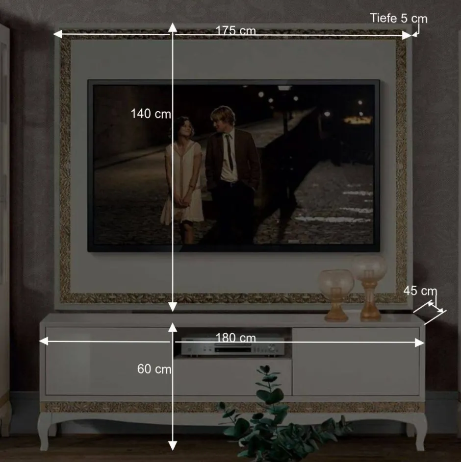 Wohnen Design TV Wand in Weiß & Gold - Valganios (vierteilig)