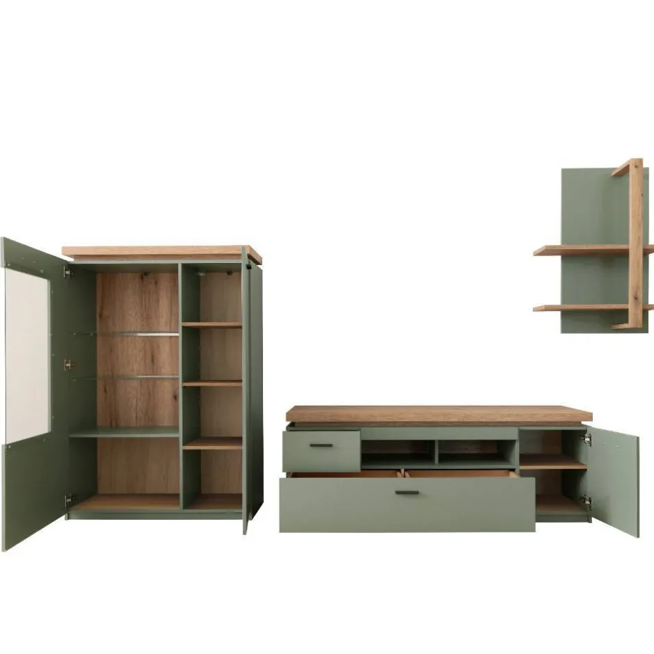 Wohnen Design Wohnwand in Graugrün und Eiche - Kwin (dreiteilig)
