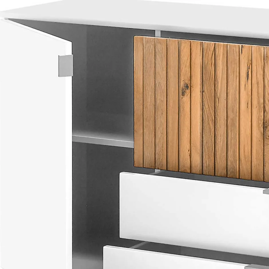 Wohnen Design-Sideboard in Weiß mit Eiche Bianco - Miloris