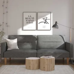 Wohnen Dreisitzer Schlafsofa in Grau und Holz Natur - Maragas