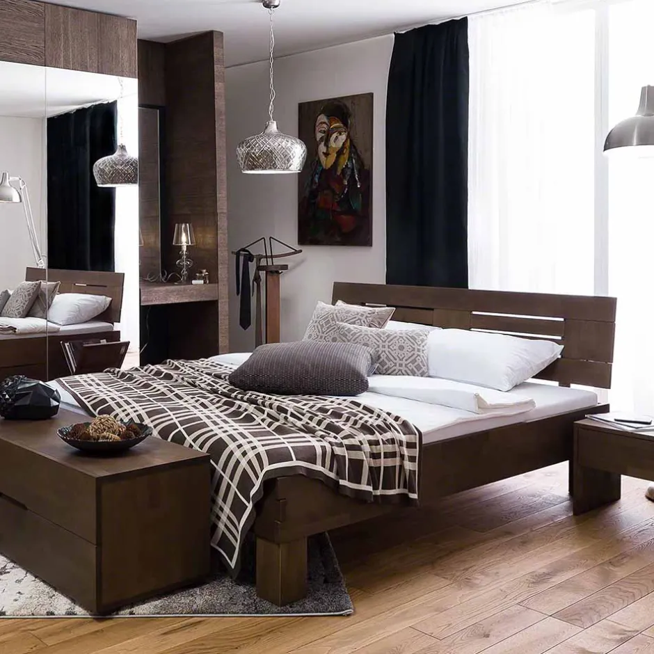 Wohnen Dunkles Massivholz Bett Ceolata in Buche Wenge lackiert