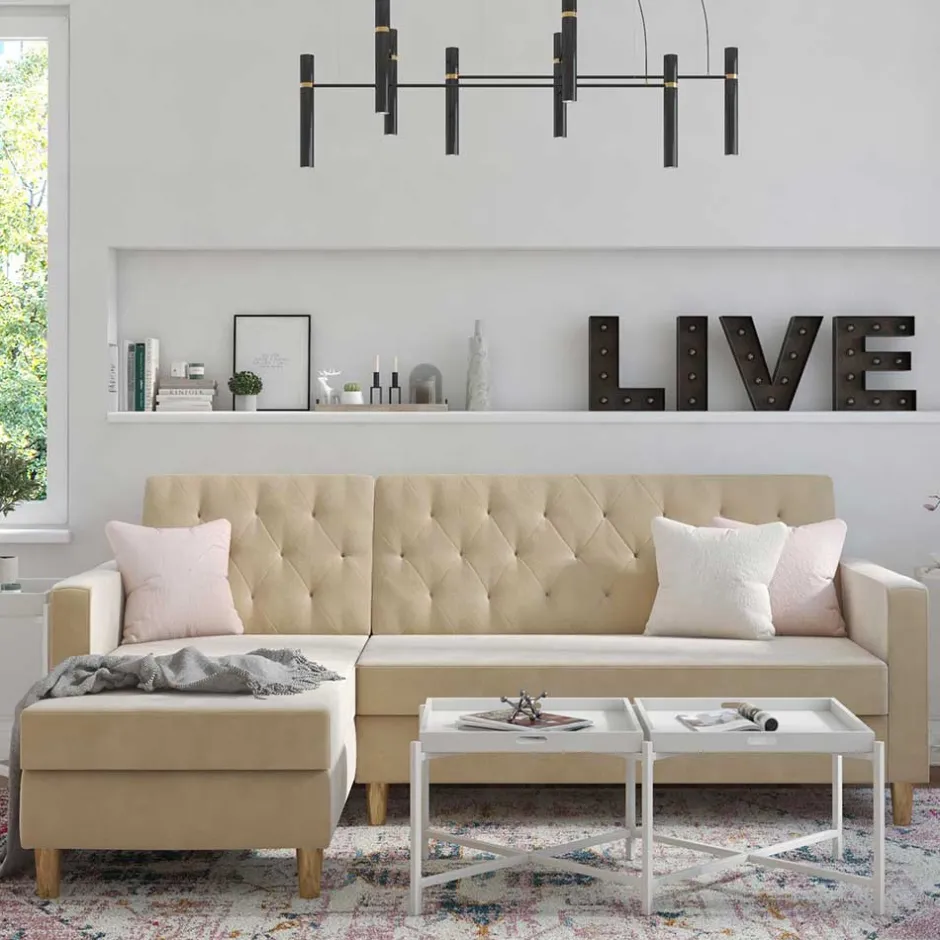 Wohnen Ecksofa mit Bettfunktion in Creme Samt - Mikolos