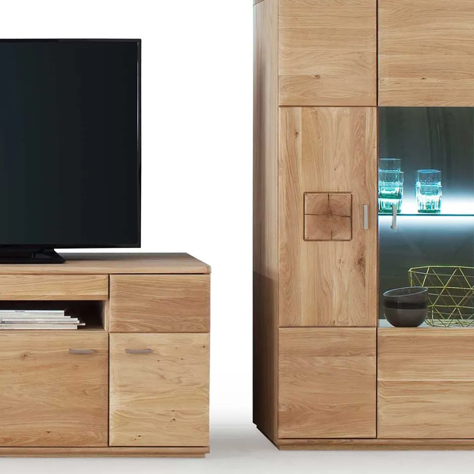 Wohnen Edle Wohnwand mit 320cm Breite Pontros in Eiche Bianco teilmassiv (vierteilig)