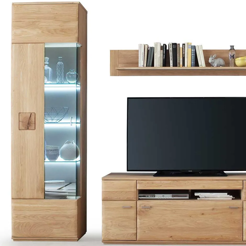 Wohnen Edle Wohnwand mit 320cm Breite Pontros in Eiche Bianco teilmassiv (vierteilig)