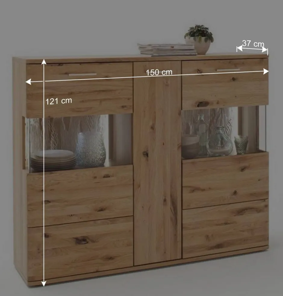 Wohnen Eiche Bianco Highboard mit Glas-Einsätzen - Crokas