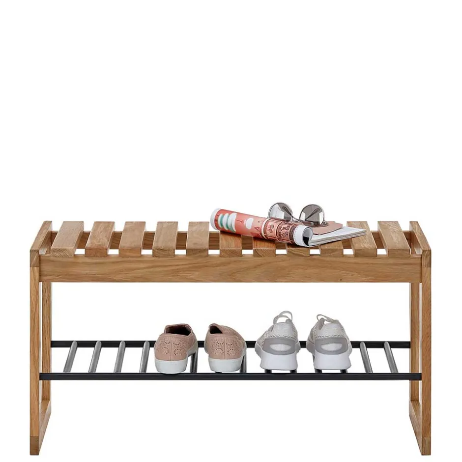 Eichenholz Schuhbank mit Metall Gitter-Ablage - Gangizo^Wohnen Discount