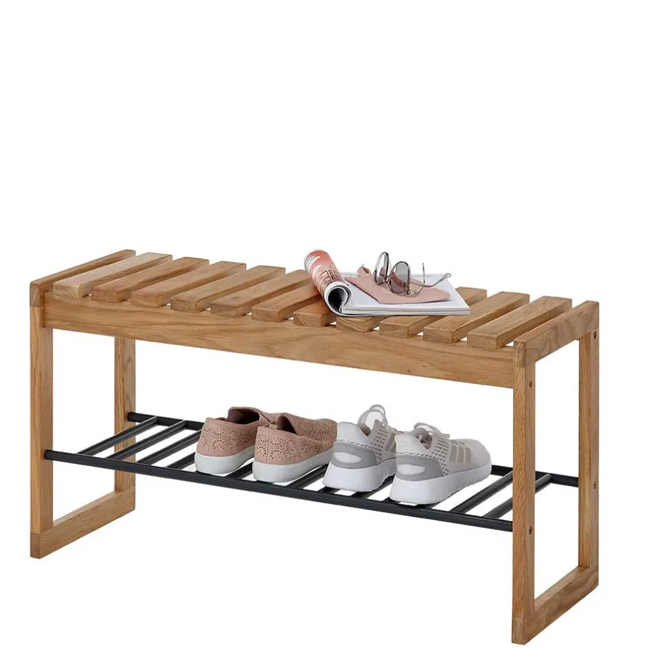 Eichenholz Schuhbank mit Metall Gitter-Ablage - Gangizo^Wohnen Discount