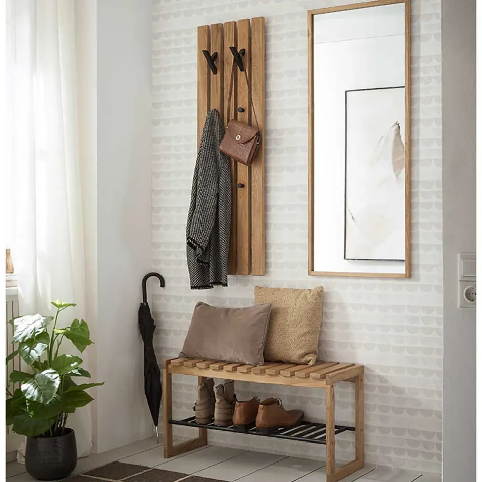 Eichenholz Schuhbank mit Metall Gitter-Ablage - Gangizo^Wohnen Discount