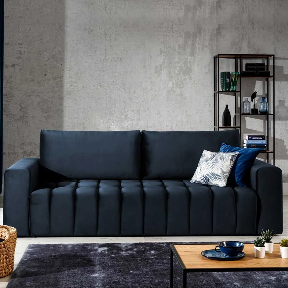 3er Schlafsofa in Dunkelblau Samt - Venice^Wohnen Outlet