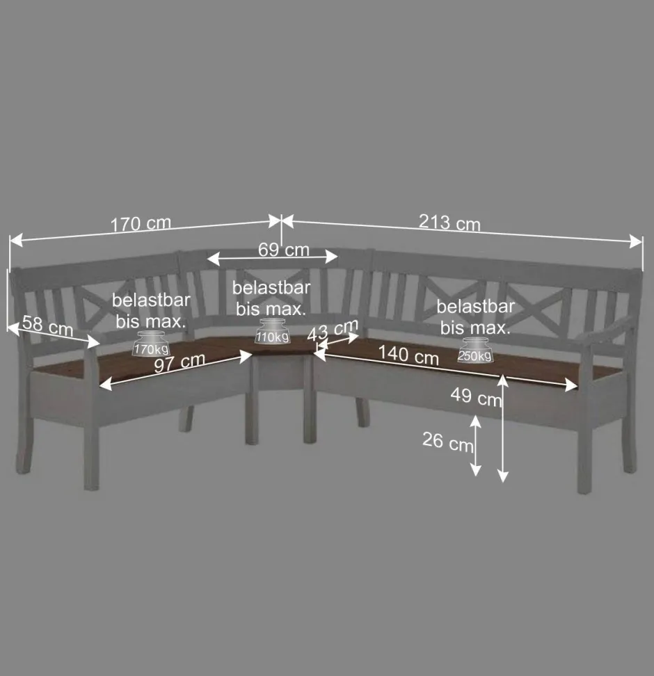 Wohnen Esstisch Eckbank Barlad aus Kiefernholz Weiß mit Braun
