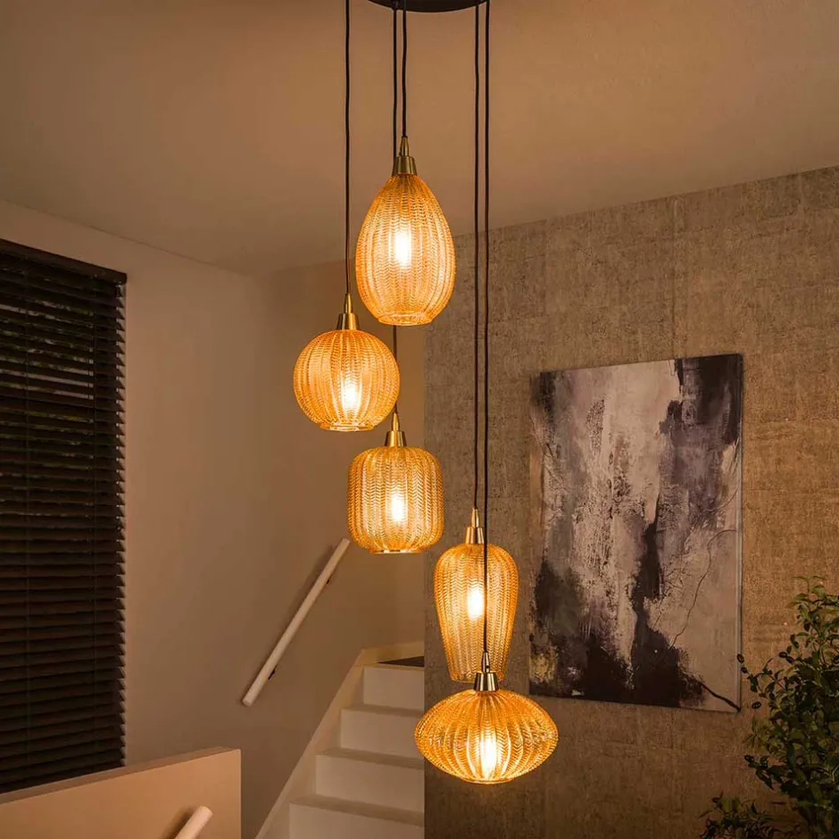 5-flammige Hängelampe mit Braunglas Schirmen - Infermo^Wohnen