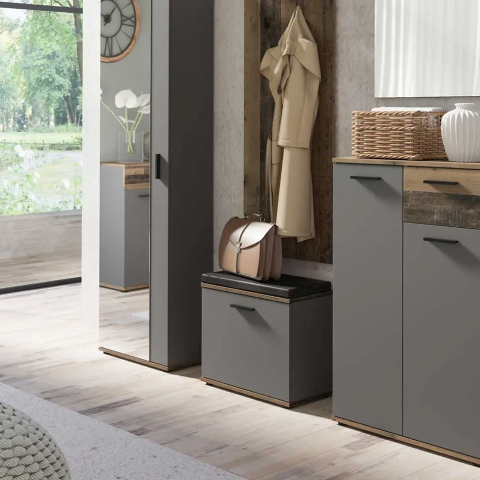 Wohnen Flurbank in Anthrazit und Altholz Optik - Vlatu