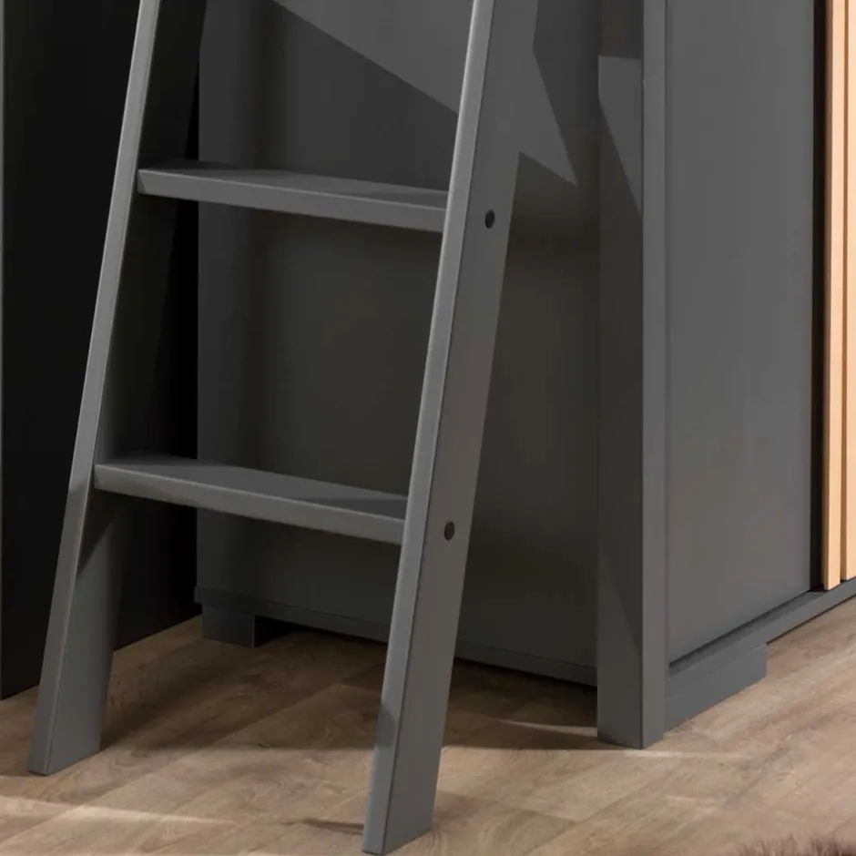 Kinder Wohnen Graues Hochbett mit Schreibtisch - Mystik (dreiteilig)