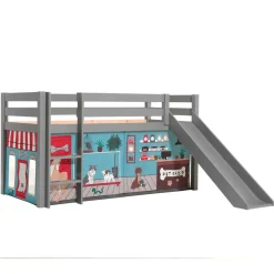 Kinder Wohnen Graues Kinderhochbett mit Spielvorhang Tierladen - Lionca