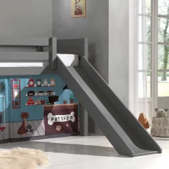 Kinder Wohnen Graues Kinderhochbett mit Spielvorhang Tierladen - Lionca