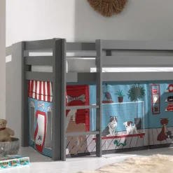 Kinder Wohnen Graues Kinderhochbett mit Spielvorhang Tierladen - Lionca