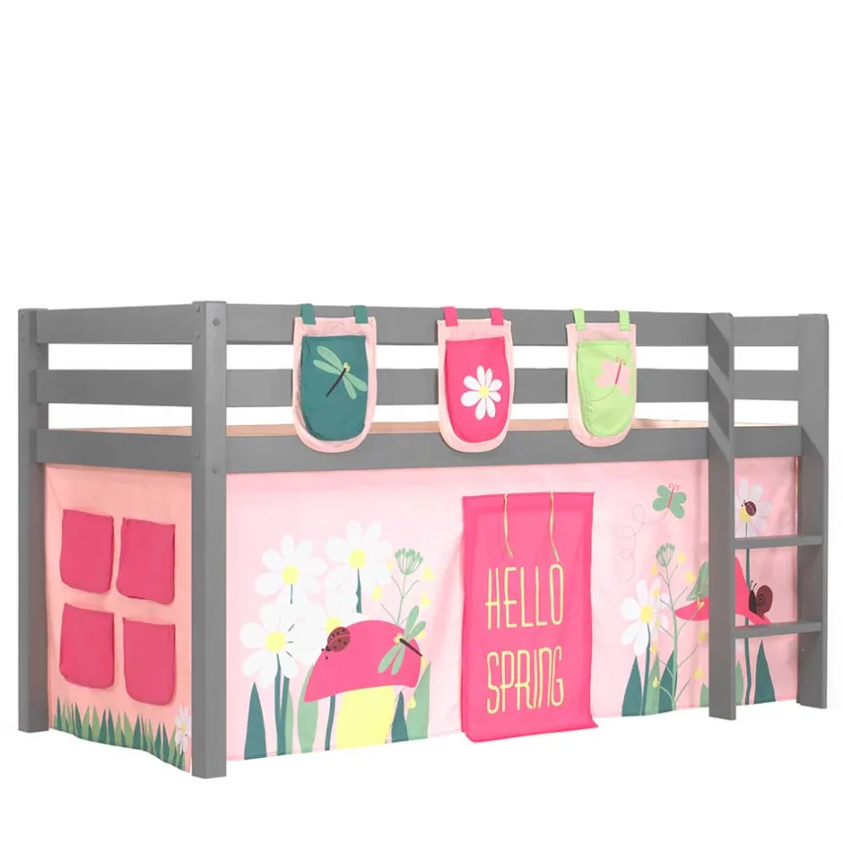 Kinder Wohnen Graues Massivholz-Hochbett mit Vorhang & Taschen - Corsica