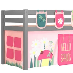 Kinder Wohnen Graues Massivholz-Hochbett mit Vorhang & Taschen - Corsica