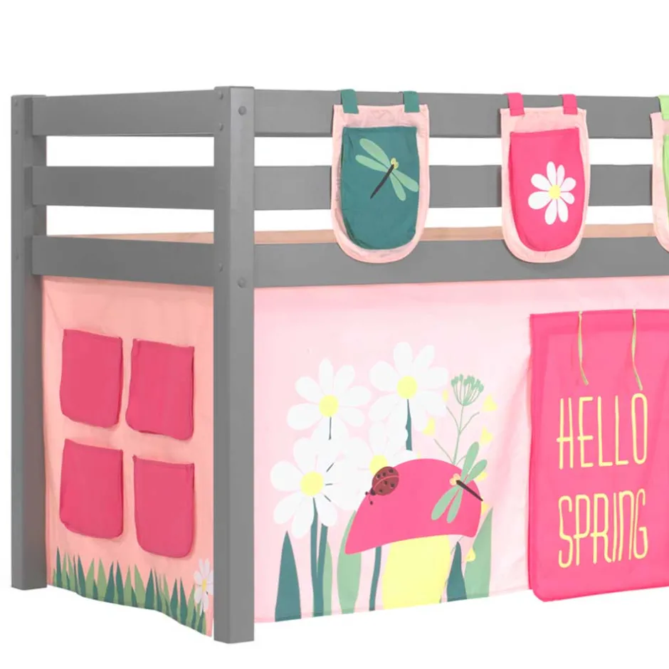 Kinder Wohnen Graues Massivholz-Hochbett mit Vorhang & Taschen - Corsica